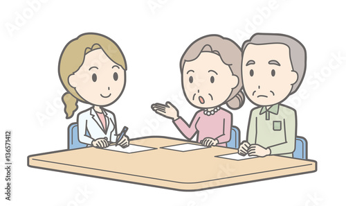 Illustration that an elderly couple receiving counseling by a fe