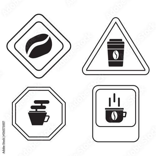 Road signs and coffee,glass with coffee, coffee grain, fragrant drink, traffic regulations, flat design,vector image,highway code,black-and-white