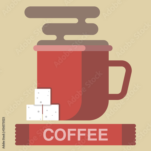 Fragrant coffee in a cup with sugar cubes, a mug and powder coffee, tasty drink, the vector image, flat design