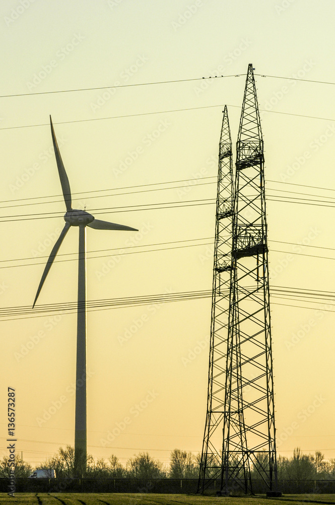 Wind energy plant near Parndorf, wind turbine, high tension cabl