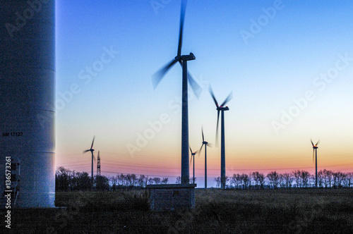 Wind energy plant near Parndorf, wind turbine, sunset, Austria,