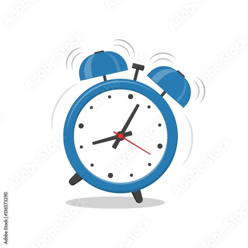 Alarm clock blue wake-up time isolated on white background in flat style. Vector illustration