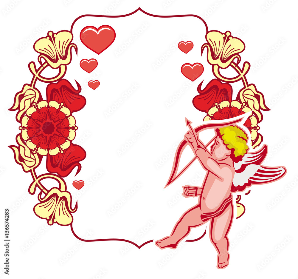 Elegant frame with Cupid, decorative flowers and hearts. Vector clip art. Elegant frame with Cupid, decorative flowers and hearts. Vector clip art.
