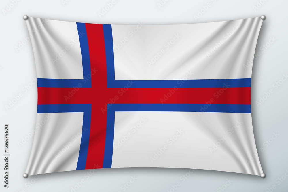 Fototapeta premium Faroe islands national flag. Symbol of the country on a stretched fabric with waves attached with pins. Realistic vector illustration.