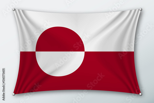 Free Download Greenland national flag. Symbol of the country on a stretched fabric with waves attached with pins. Realistic vector illustration. - GFXLoad