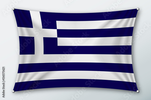 Greece national flag. Symbol of the country on a stretched fabric with waves attached with pins. Realistic vector illustration.