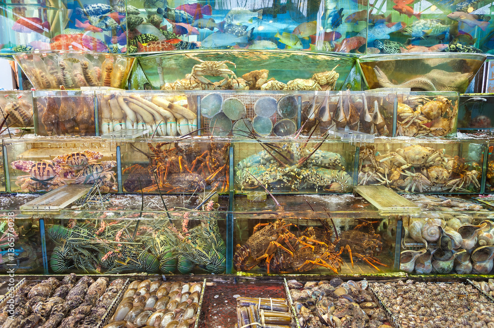 Live seafood outside a restaurant in Sai Kung, Hong Kong Live seafood outside a restaurant in Sai Kung, Hong Kong