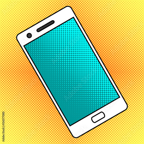 Smartphone. Cell phone on yellow dotted background. Mobile phone style pop art retro.