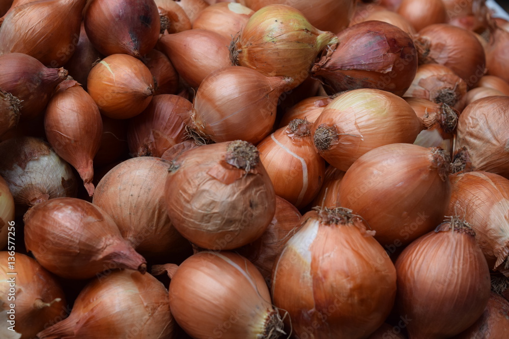 Zwiebeln, einfach ein Berg von Zwiebeln auf dem Wochenmarkt