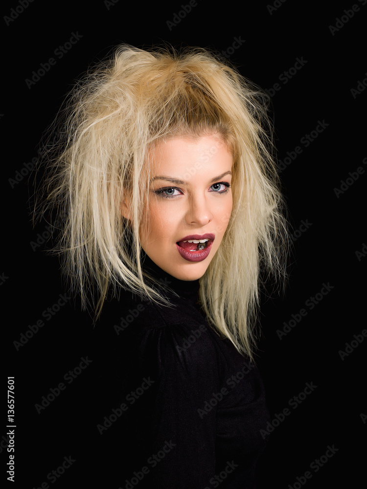 Pretty blonde girl portrait wearing red lipstick Pretty blonde girl portrait wearing red lipstick