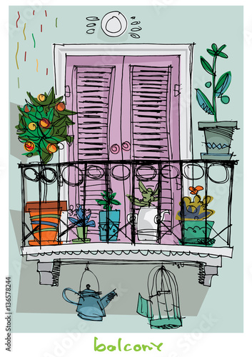 Cute vintage mediterranean balcony decorated with plants and flowers. South European tradition architecture.