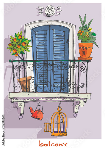 Cute vintage mediterranean balcony decorated with plants and flowers. South European tradition architecture.