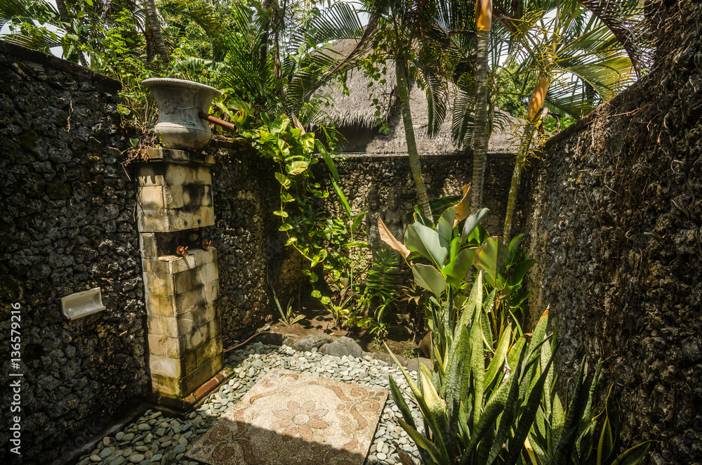 dusche mit palmen und pflanzen indonesien Stock Photo | Adobe Stock