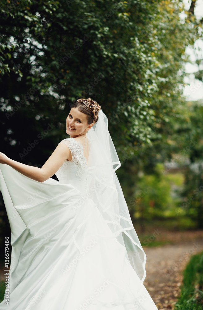 happy young bride posing for the camera in a green park happy young bride posing for the camera in a green park