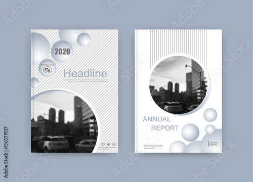 Book cover design. Creative abstract composition with city building image. Set of minimalistic A4 brochure title sheet. Black, white, blue colors. Geometric vector illustration.