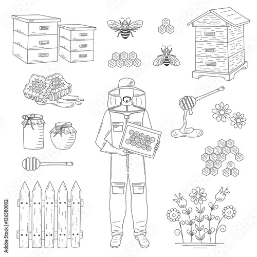 Beekeeper and honey set vector