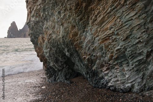  volcanic Krestovaya cliff closeup, Jasper beach, Crimea photo