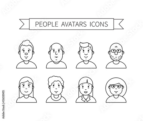 Set wth thin line icon of people stylish avatars for profile page, social network, social media, different age man and woman characters. Vector illustration