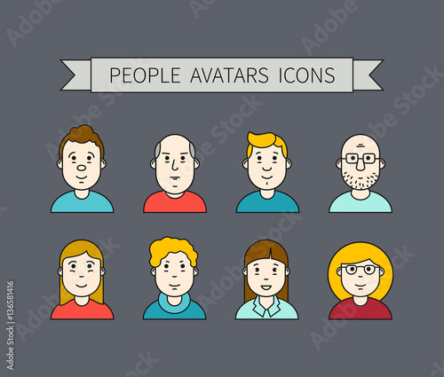 Set wth thin line icon of people stylish avatars for profile page, social network, social media, different age man and woman characters. Vector illustration