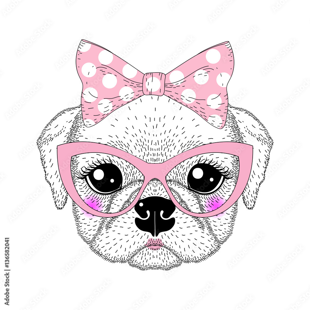 Cute pug portrait with pin up bow tie on head, kat eyes glasses.