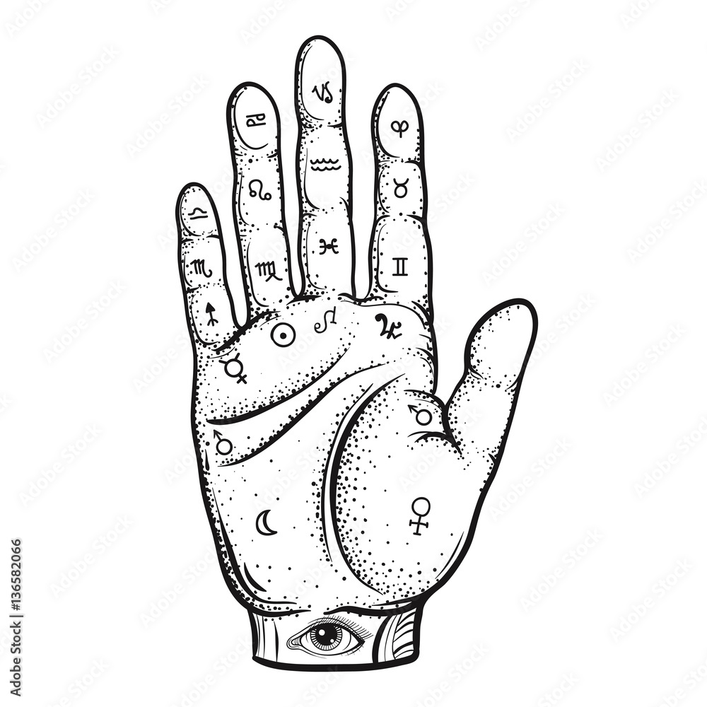 Fortune Teller Hand with Palmistry diagram, sketch with handdraw Stock