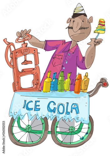 Indian traditional street food. Sweet ice - Cola Gola. Indian vendor is selling frozen juice.