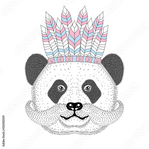 Cute panda with mustache, war bonnet on head. Hand drawn bear fa Stock  Vector