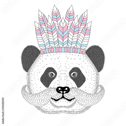 Cute panda with mustache, war bonnet on head. Hand drawn bear fa