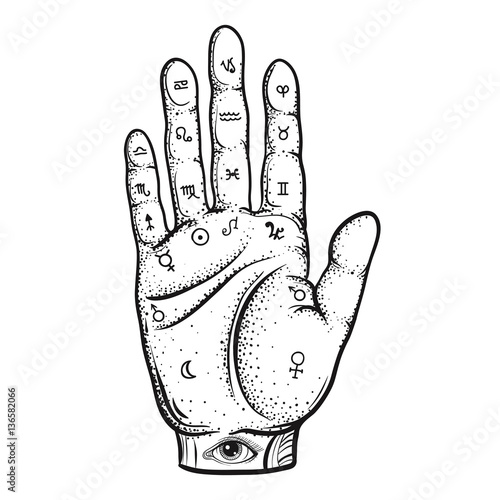 Fortune Teller Hand with Palmistry diagram, sketch with handdraw