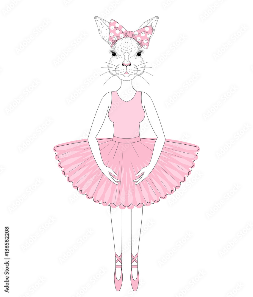 Vector cute bunny girl in dress like ballerina. Hand drawn anthr