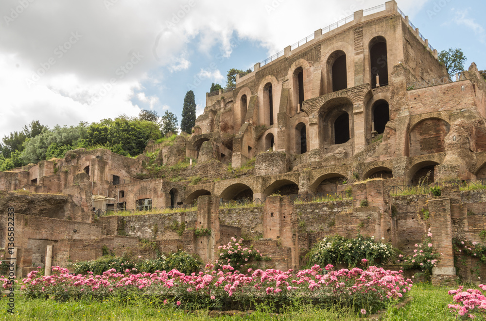 Obraz premium The Roman Forum is a plaza surrounded by many ruins of ancient government buildings in the center of Rome