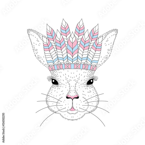Vector cute bunny portrait with war bonnet on head, aztec style.