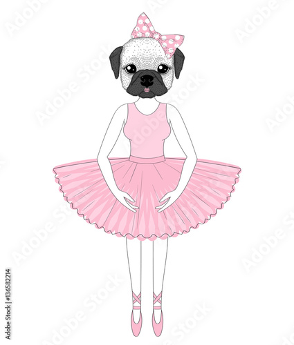 Vector cute french bulldog in dress like ballerina. Hand drawn a