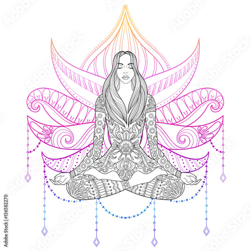 Woman sitting in lotus position on color background.  Vector orn