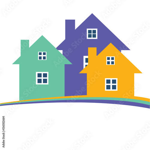 Houses or real estate on a a hill design has space for text on background. Vector image.