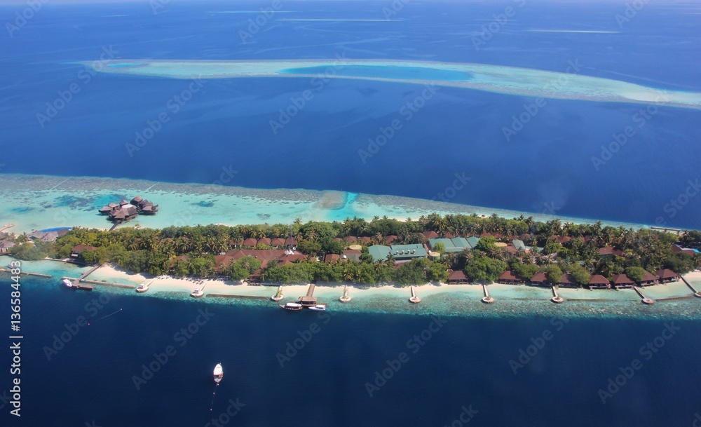 Aerial view of Lily Beach Resort at Huvahendhoo, Indian ocean, Maldives