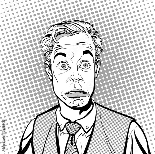 Portrait of surprised man. Surprised businessman. Surprised man. Concept idea of advertisement and promo. Pop art retro style illustration. People in retro style. Halftone background. question what.