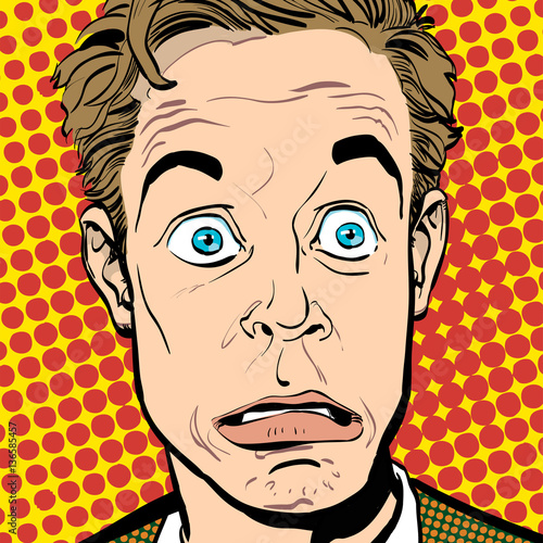 Portrait of surprised man. Surprised businessman. Surprised man. Concept idea of advertisement and promo. Pop art retro style illustration. People in retro style. Halftone background. question what.