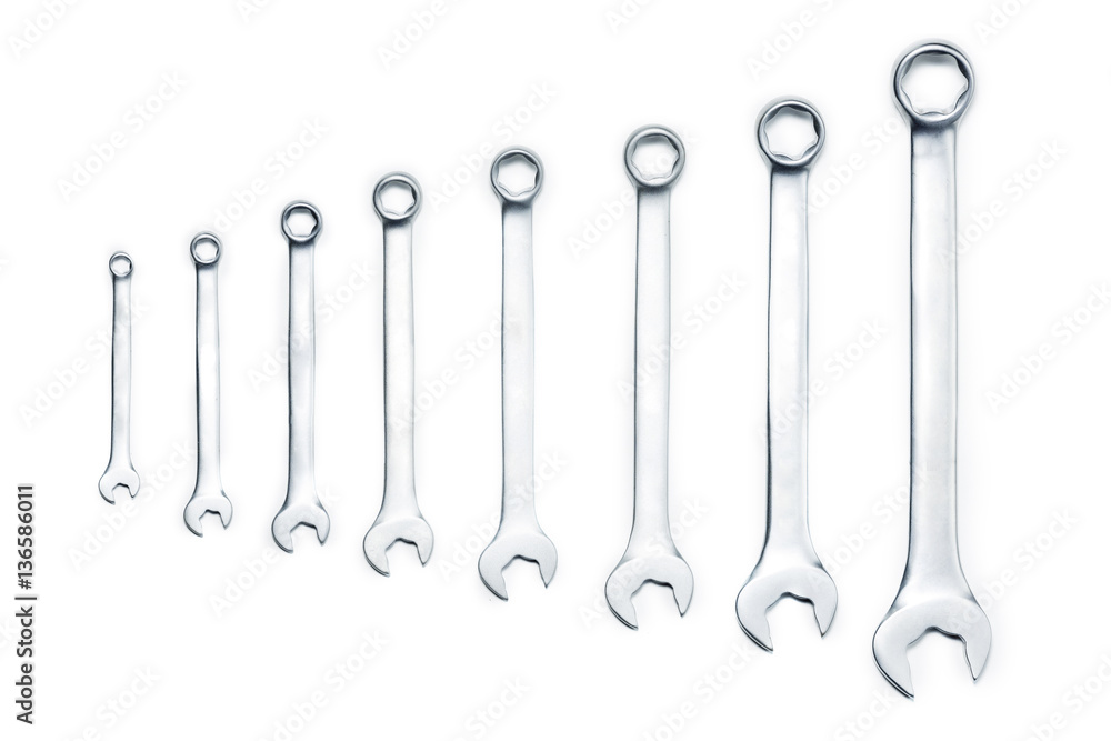 Chrome wrenches of various sizes. Isolated on white background. Chrome wrenches of various sizes. Isolated on white background.