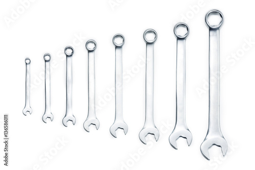Chrome wrenches of various sizes. Isolated on white background.