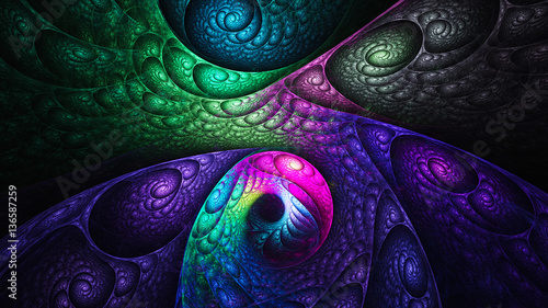 Fototapeta Naklejka Na Ścianę i Meble -  Tail snake. Scales. Curls. 3D surreal illustration. Sacred geometry. Mysterious psychedelic relaxation pattern. Fractal abstract texture. Digital artwork graphic astrology magic