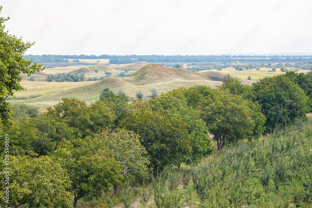 A hundred risings and mounds area at the north of Moldova, green and corn fields, orchards