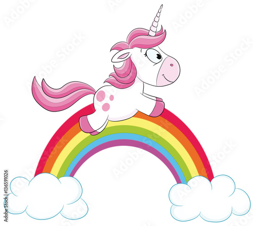 Niedliches Einhorn vor Regenbogen Vektor-Illustration