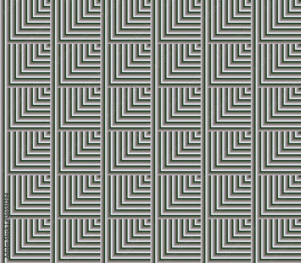 Abstract seamless black and white lines and squares and cubes are laid in rows to form a continuous pattern