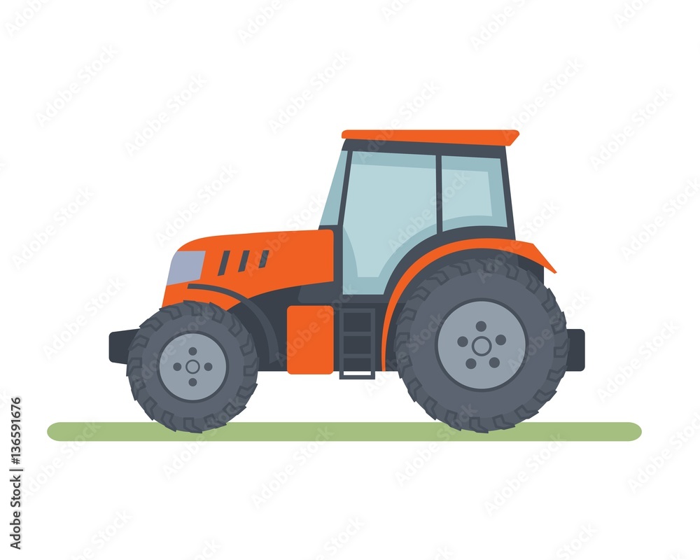 Orange tractor on white background. Flat style, vector illustration.
