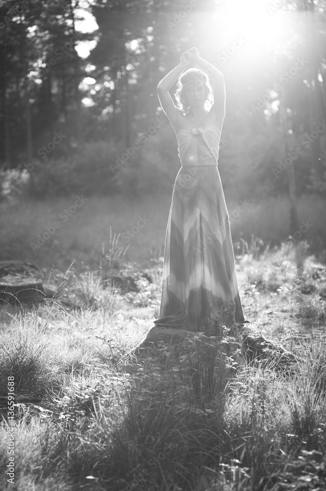 Female fashion model in nature in black and white Female fashion model in nature in black and white