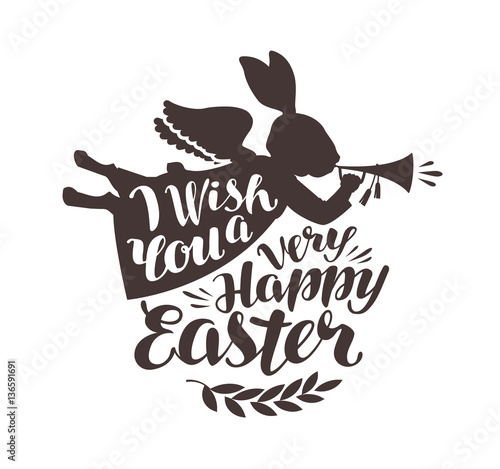 Happy Easter, greeting card. Rabbit, bunny blowing trumpet. Lettering, calligraphy vector illustration
