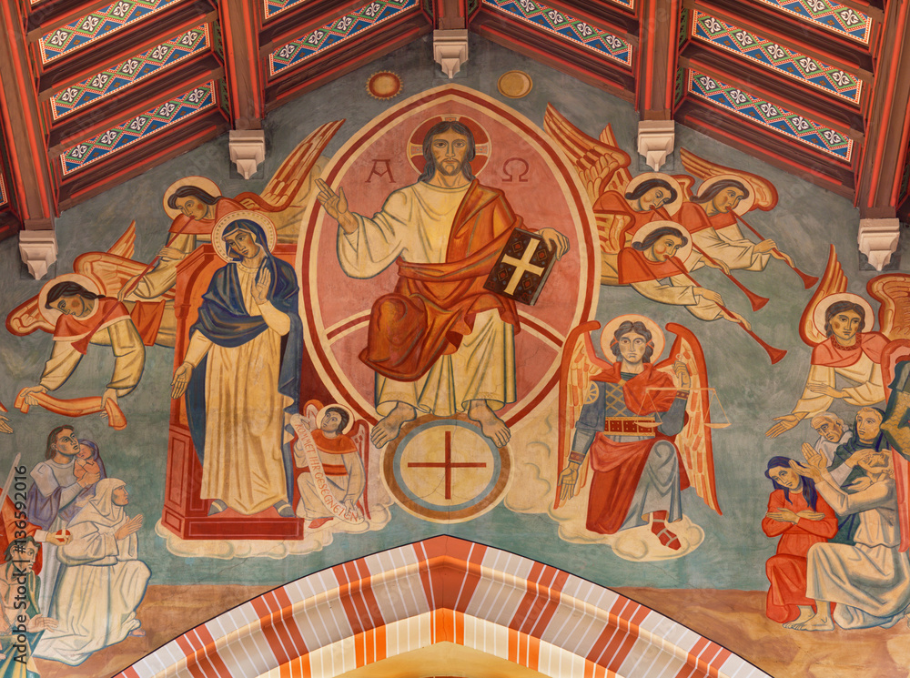 VIENNA, AUSTRIA - DECEMBER 19, 2016: The fresco of Jesus the Pantokrator in church Brigitta Kirche by Ludwig Mayer (1834 - 1917).