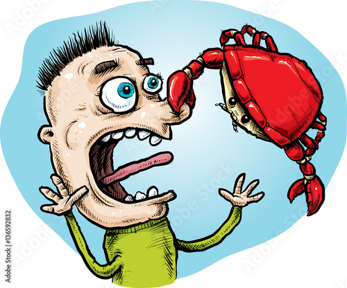 A cartoon man screams with shock as a red crab pinches him on his nose with its claw.