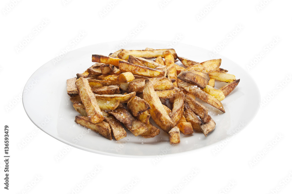 Fried potatoes on a white plate isolated on white background Fried potatoes on a white plate isolated on white background